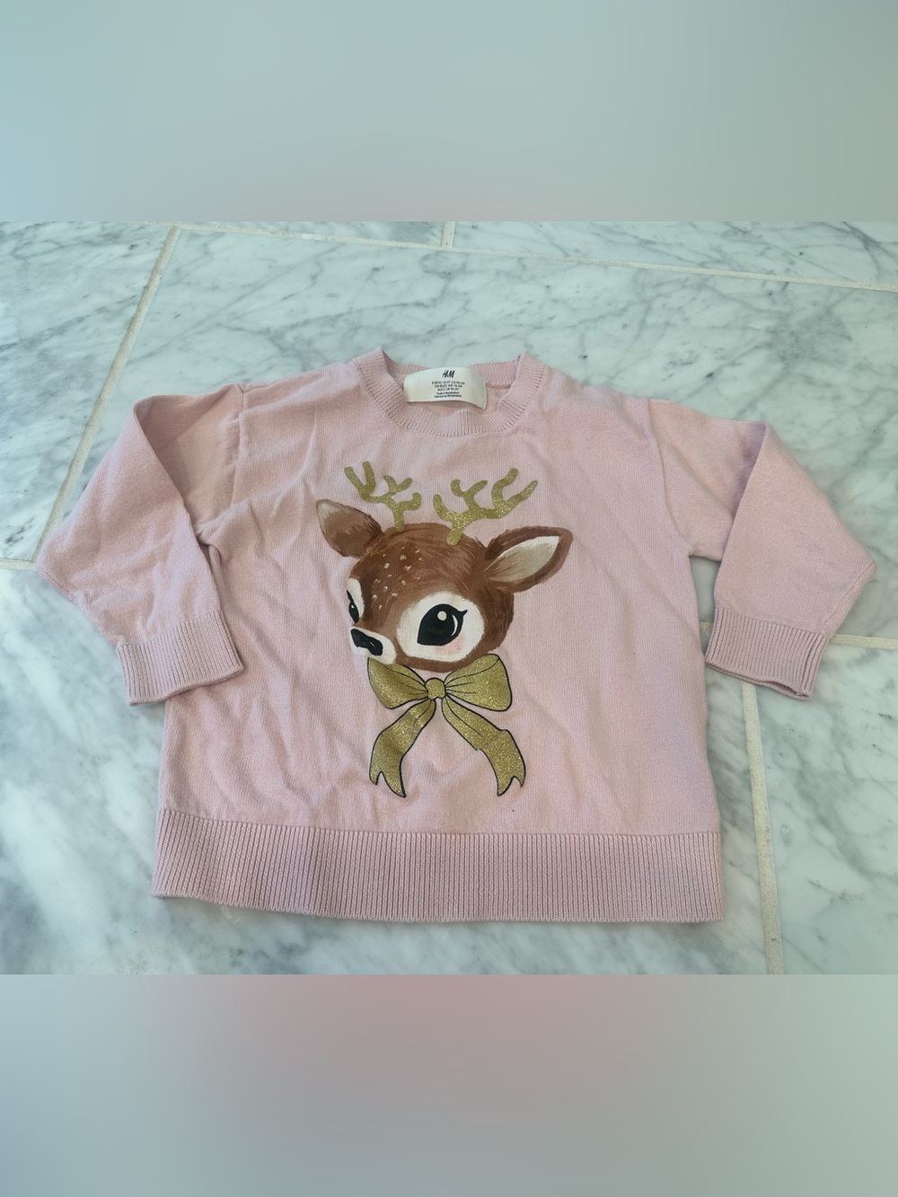 H&M Light Pink Girls' Reindeer Sweater with Gold Bow